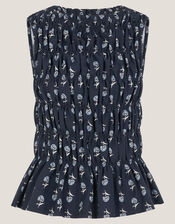 Deniz Sleeveless Smocked Floral Top, Blue (NAVY), large