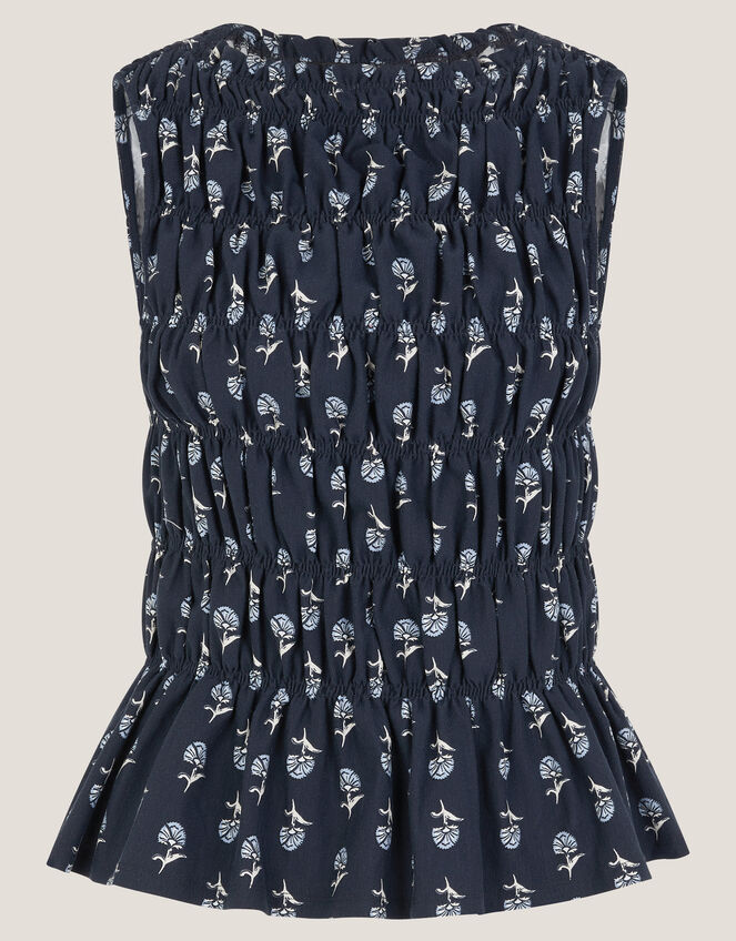 Deniz Sleeveless Smocked Floral Top, Blue (NAVY), large