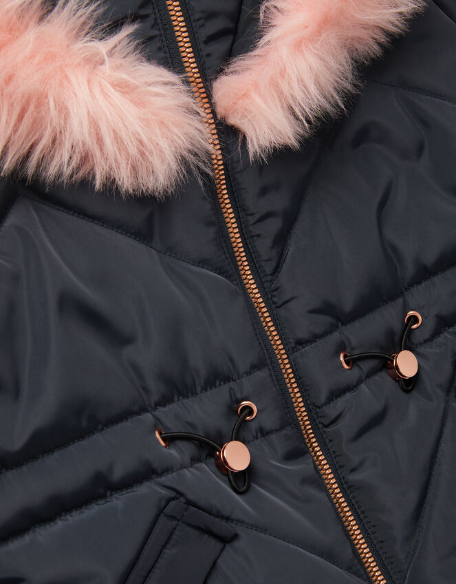 Hooded Faux Fur Puffer Coat, Blue (NAVY), large