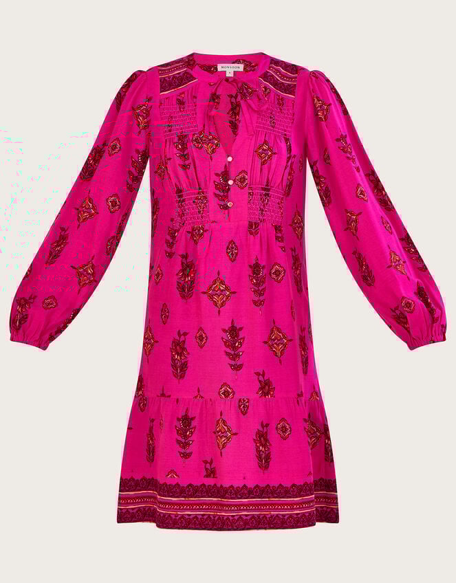Keyhole Neckline Print Short Dress, Pink (PINK), large