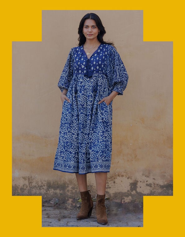 Dilli Grey Paisley Midi Dress, Blue (INDIGO), large