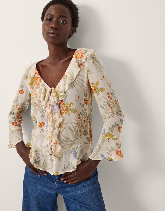 Jesse Sheer Frill Floral Blouse, Ivory (IVORY), large