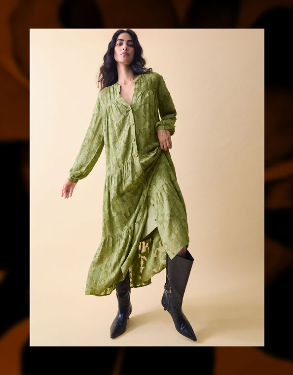 Clemence Sylvie Burnout Tiered Maxi Dress, Green (GREEN), large