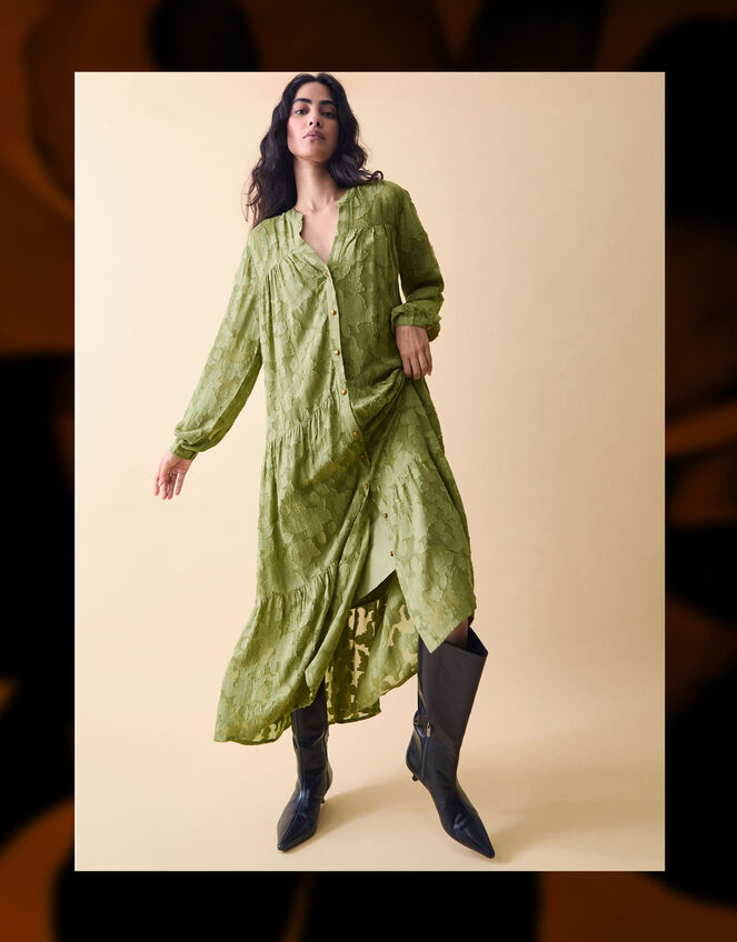 Clemence Sylvie Burnout Tiered Maxi Dress, Green (GREEN), large