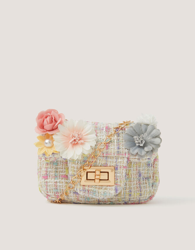 Mini Flower Embellished Boucle Bag, , large
