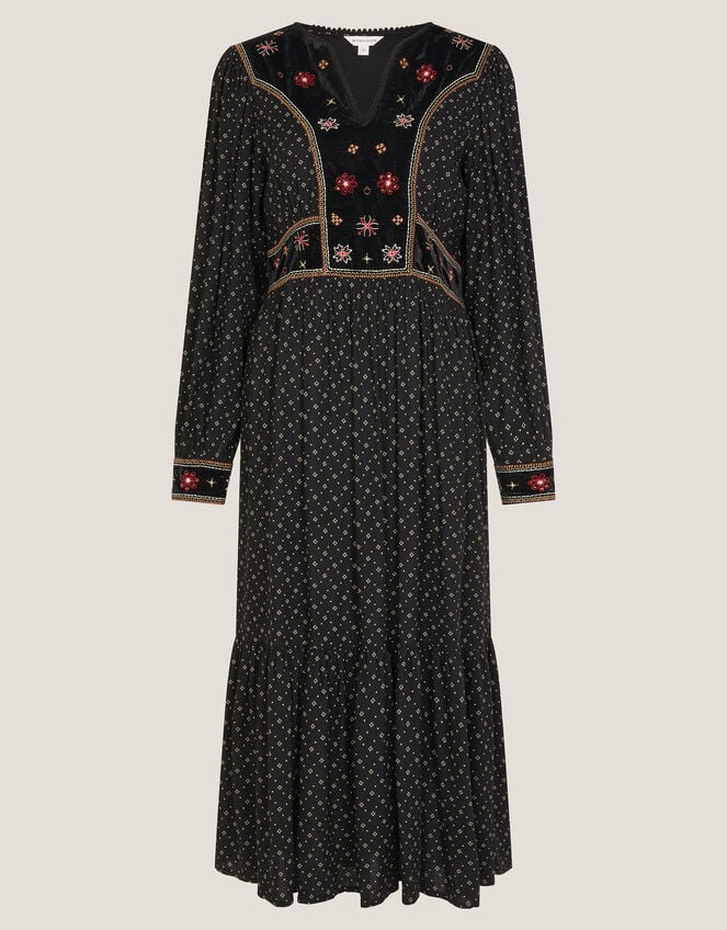 Zoie Embroidered Print Midi Dress, Black (BLACK), large