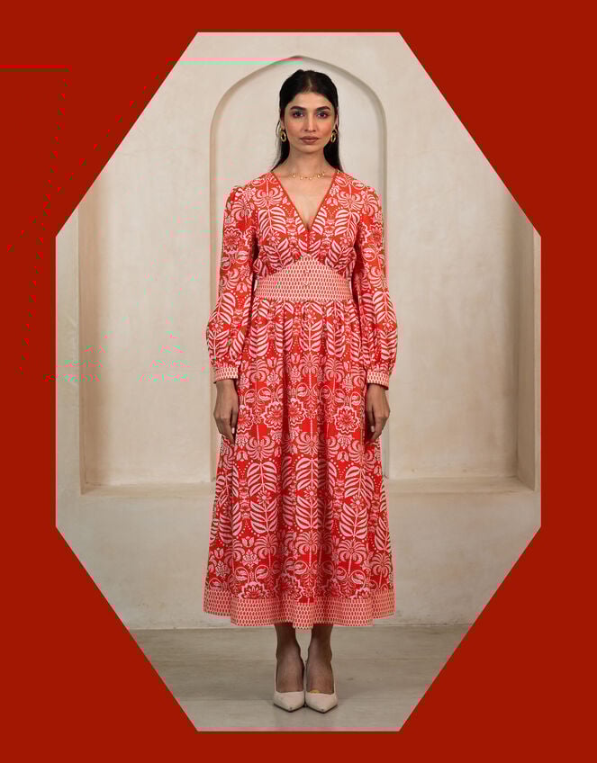 India & Mills Pippa Tropic Midi Dress, Red (RED), large