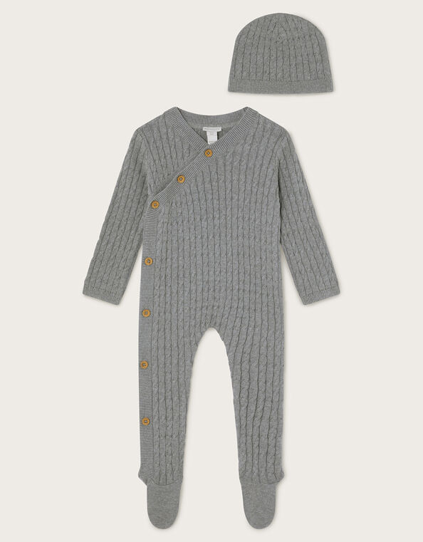 Newborn Cable Knit Romper and Hat Set, Grey (GREY), large
