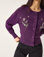 Floral Embellished Cardigan, Purple (AUBERGINE), large