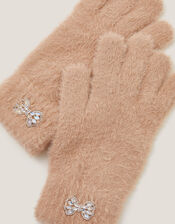 Jewel Bow Fuzzy Gloves, Camel (CAMEL), large