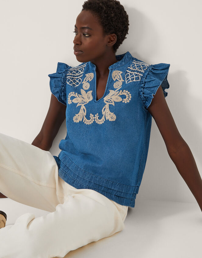 Holly Embroidered Denim Top, Blue (DENIM BLUE), large