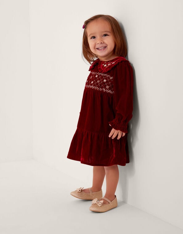 Baby Floral Embroidered Velvet Dress, Red (BURGUNDY), large