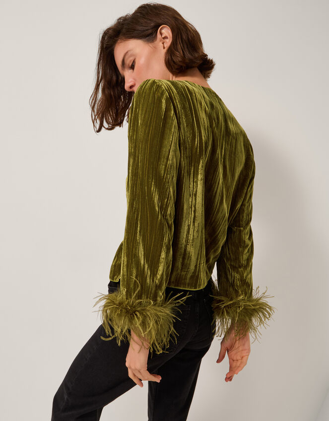 Olivia Feather Cuff Velvet Jacket, Green (OLIVE), large