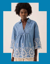 East Coralie Broderie Denim Top, Blue (BLUE), large