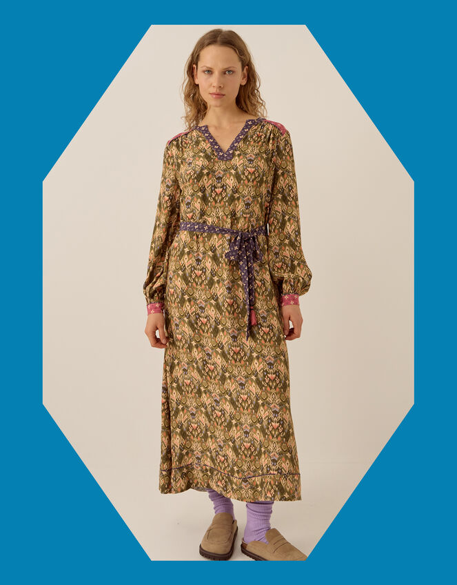 East Ikat Print Midi Dress, Green (GREEN), large
