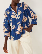 Pamela Linen Blend Leaf Print Top, Blue (COBALT), large