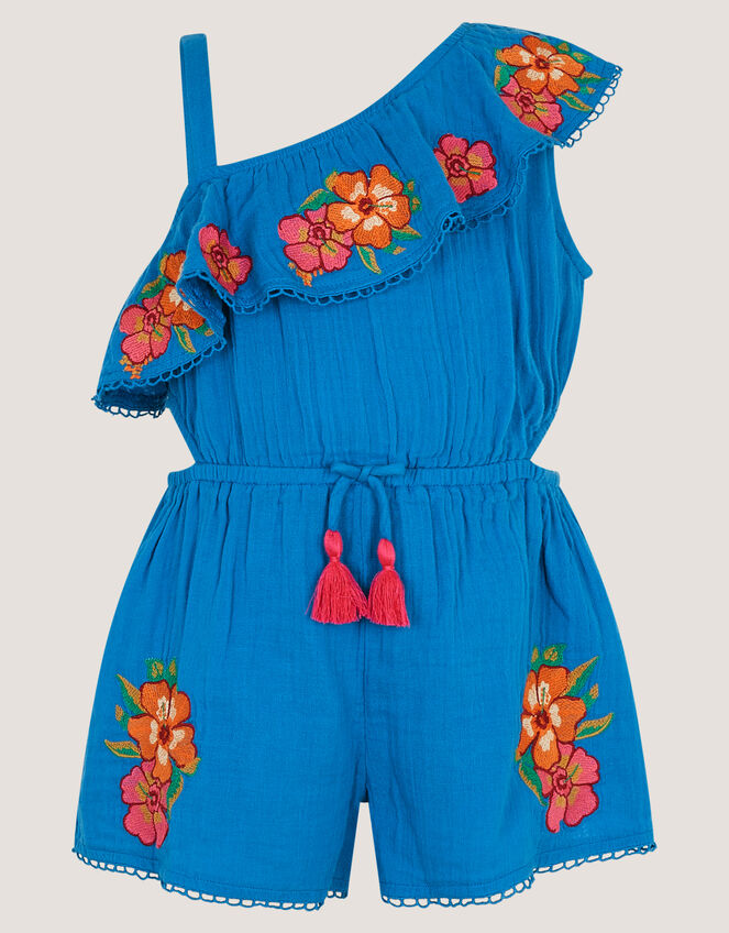 One Shoulder Floral Embroidered Playsuit, Blue (BLUE), large