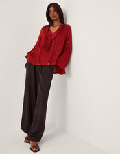 Arlette V-Neck Frill Satin Blouse, Red (BURGUNDY), large