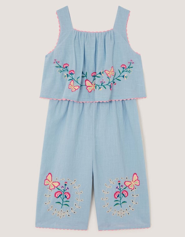 Butterfly Embroidered Culotte Jumpsuit, Blue (BLUE), large