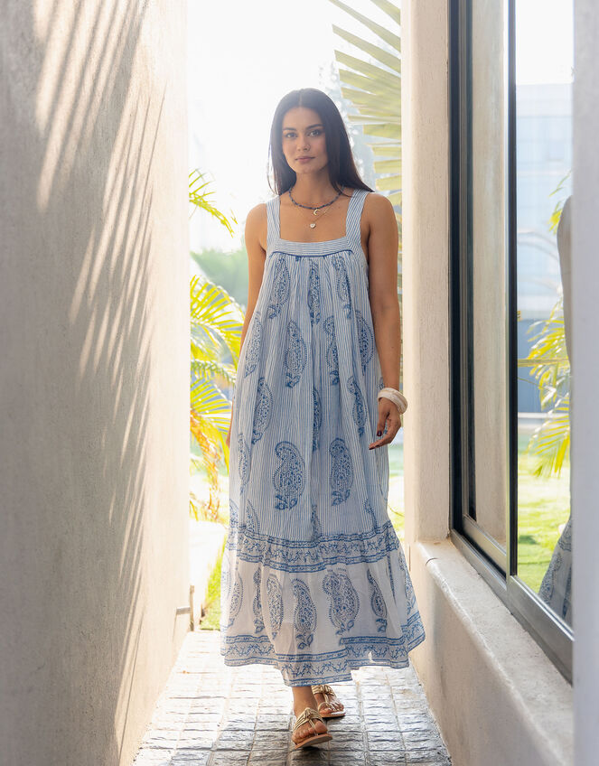 Dilli Grey Kaya Sleeveless Block Print Midi Dress, Blue (BLUE), large