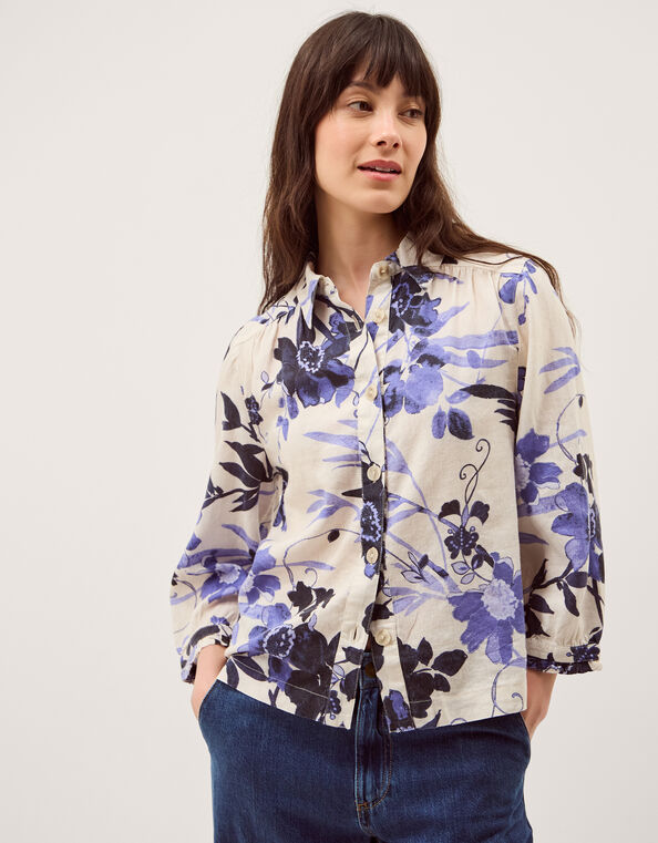 Nicolette Floral Linen Blend Shirt, Blue (BLUE), large