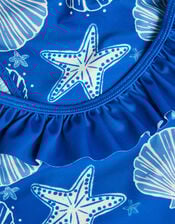 Starfish & Shell Print Frill Swimsuit, Blue (NAVY), large