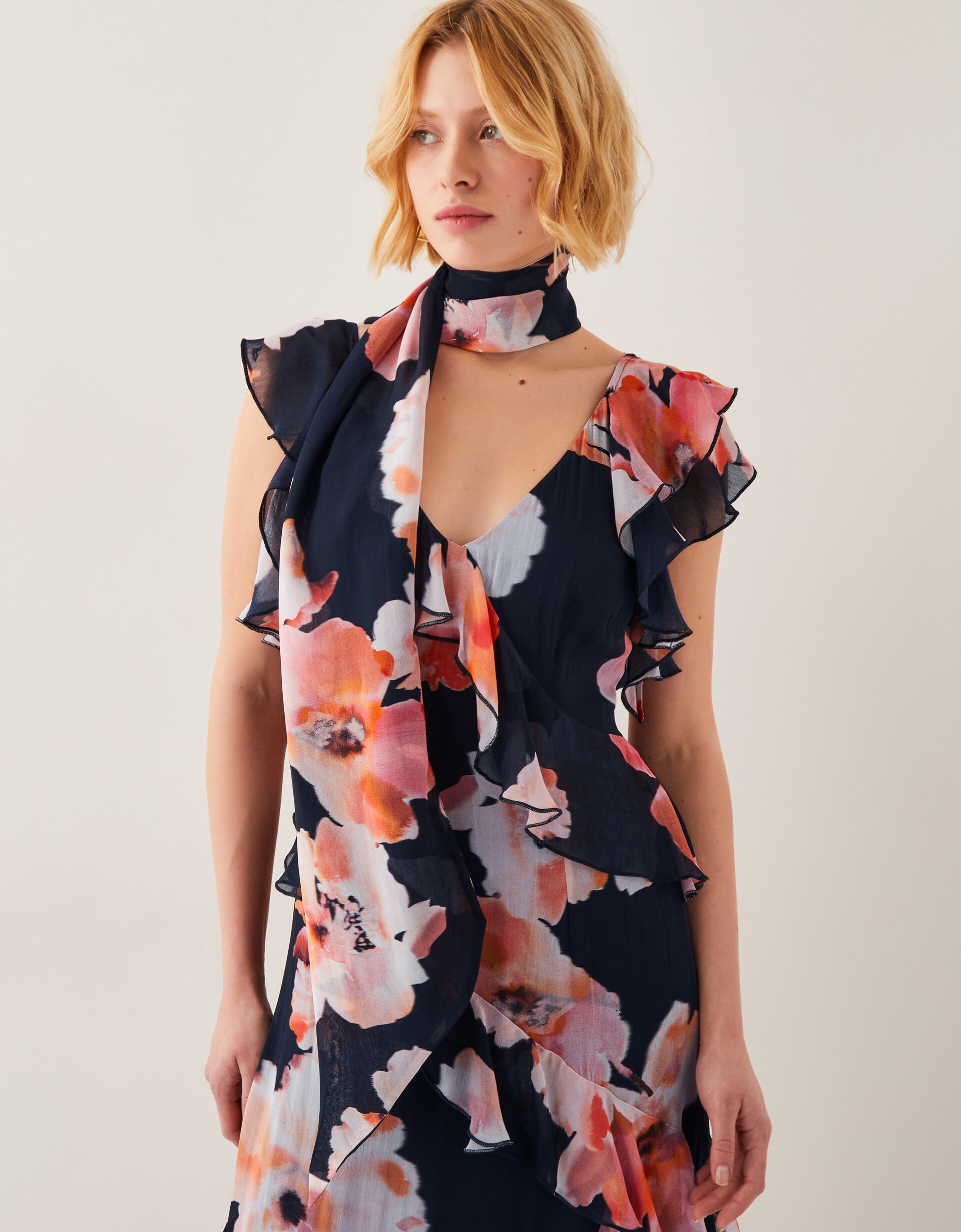Carrie Floral Chiffon Skinny Scarf, , large
