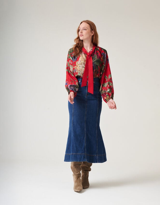 One Hundred Stars Primula Pussybow Blouse, Red (BERRY), large