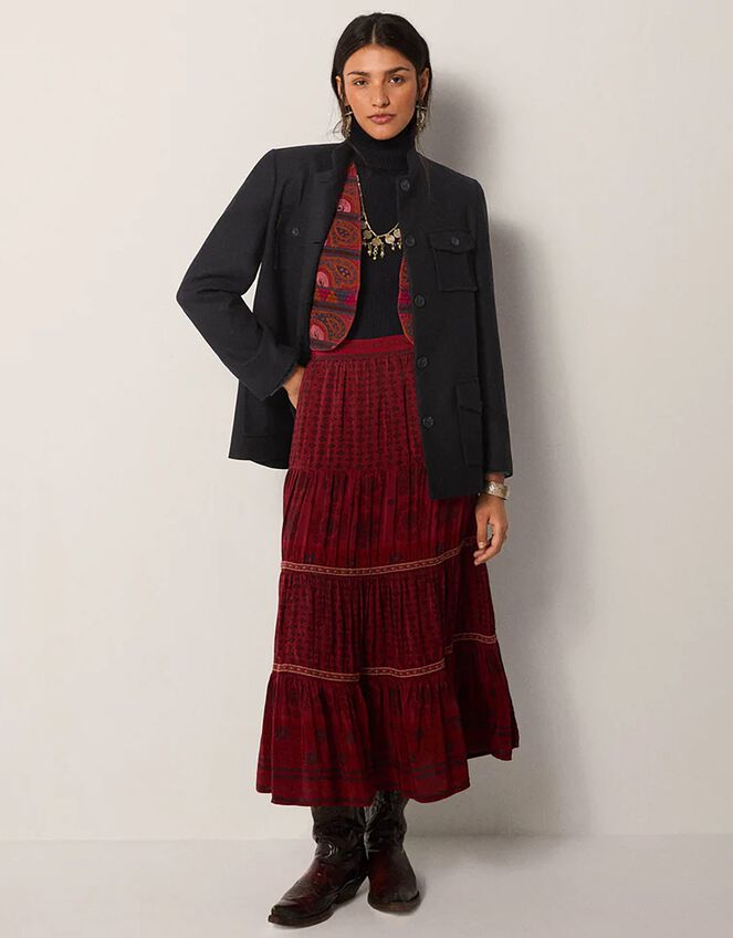 Maison Hotel Josephine Floral Tiered Maxi Skirt, Red (RED), large