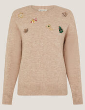 Edie Embroidered Christmas Jumper, Camel (CAMEL), large
