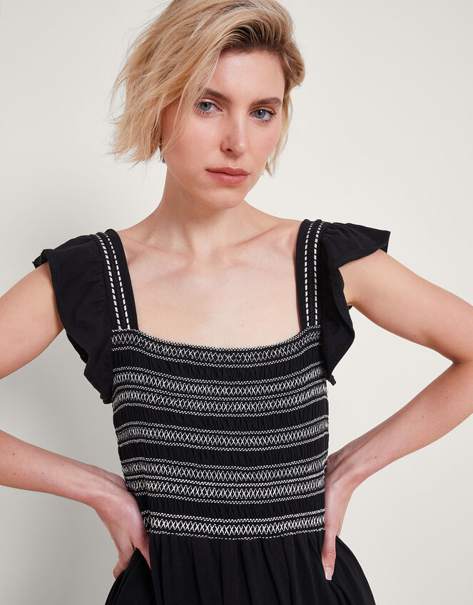 Emi Square Neck Embroidered Midi Dress, Black (BLACK), large