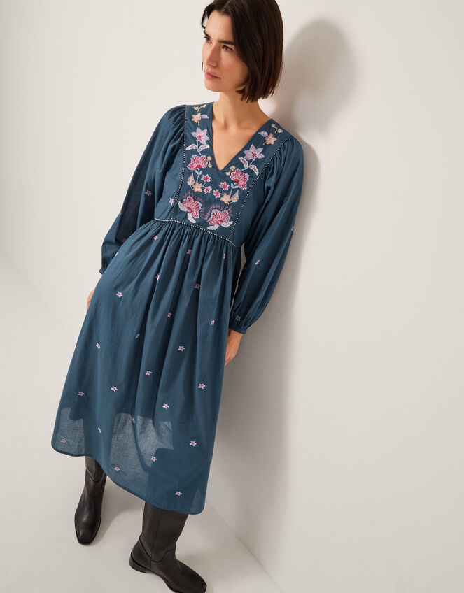 Bria Embroidered Long Sleeve Midi Dress, Blue (BLUE), large