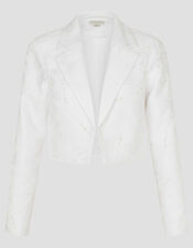 Faye Hand-Beaded Jacquard Cropped Bridal Jacket, Ivory (IVORY), large