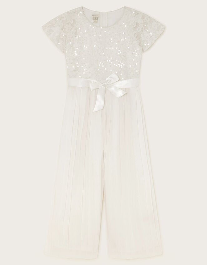 Short Sleeve Lacy Sequin Jumpsuit, Ivory (IVORY), large