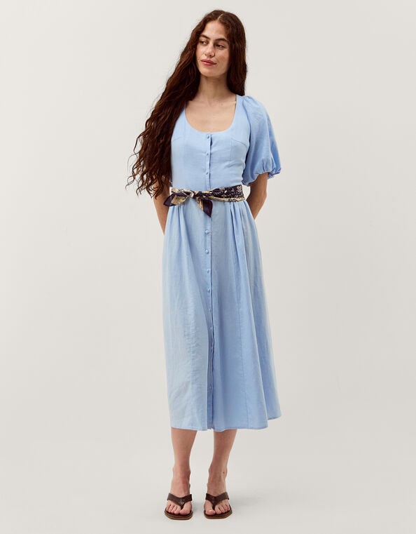 Lottie Puff Sleeve Linen Blend Midi Dress, Blue (PALE BLUE), large