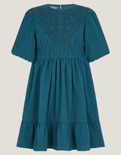 Crochet Yoke Tiered Dress, Blue (NAVY), large