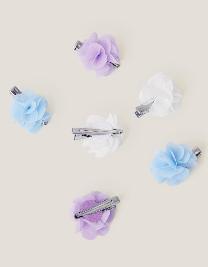 6-Pack Pom-Pom Flower Hair Clips, Blue (BLUE), large