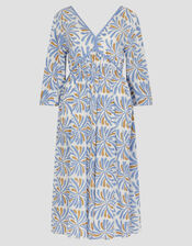 Cece V-Neck Woodblock Print Midi Dress, Blue (BLUE), large