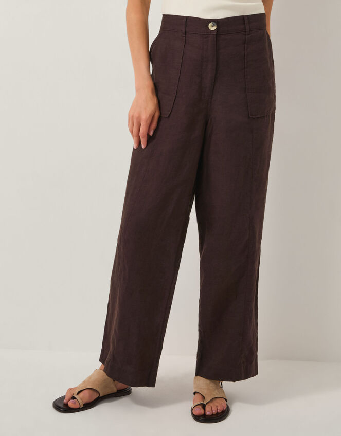 Jolie Straight Linen Trousers, Brown (CHOCOLATE), large