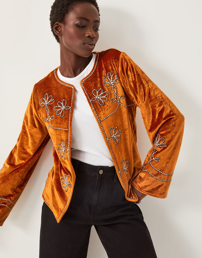 Venus Embroidered Velvet Jacket, Orange (ORANGE), large
