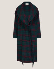 Monsoon x Sarah Corbett-Winder Tartan Fringe Coat, Teal (TEAL), large