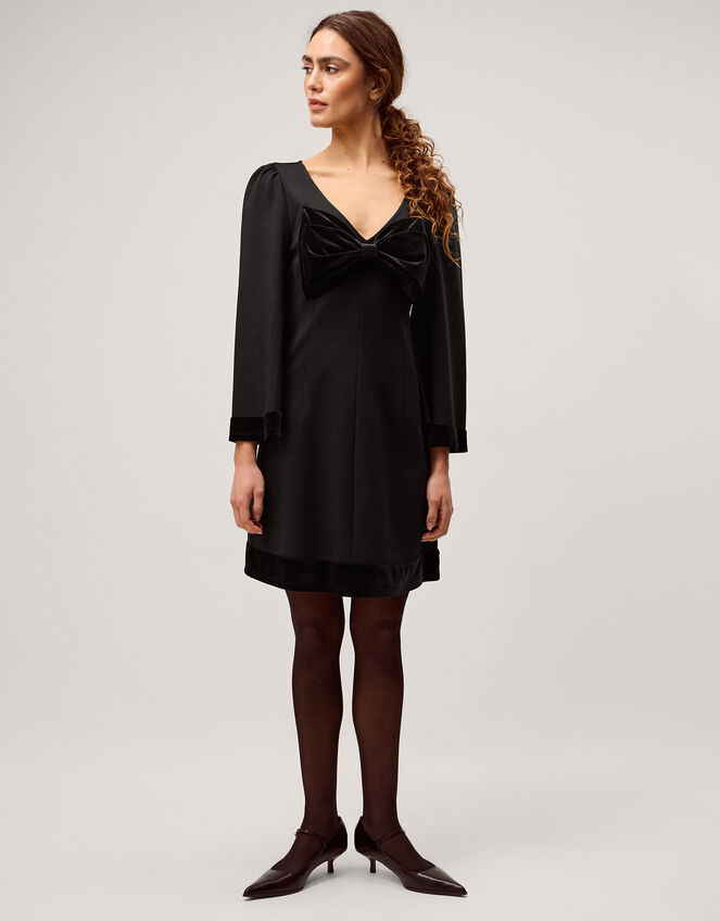Blair Velvet Bow Long Sleeve Mini Dress, Black (BLACK), large