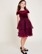 Mabel Embroidered Velvet Ruffle Dress, Red (BURGUNDY), large