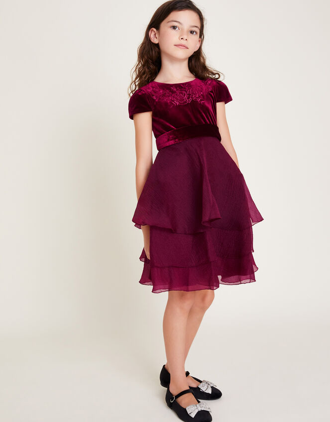 Mabel Embroidered Velvet Ruffle Dress, Red (BURGUNDY), large