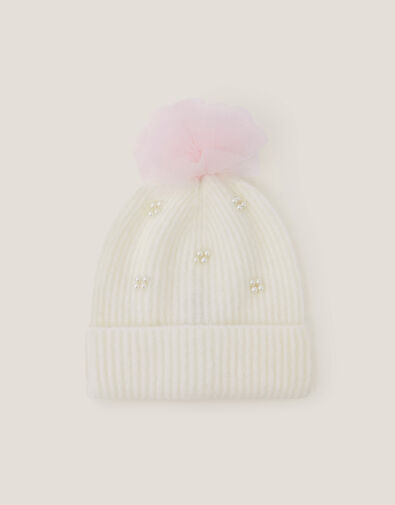 Tulle Pom-Pom Beanie Hat, Ivory (IVORY), large