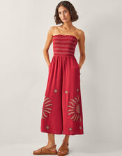 Nadia Shirred Embroidered Jumpsuit, Orange (RUST), large