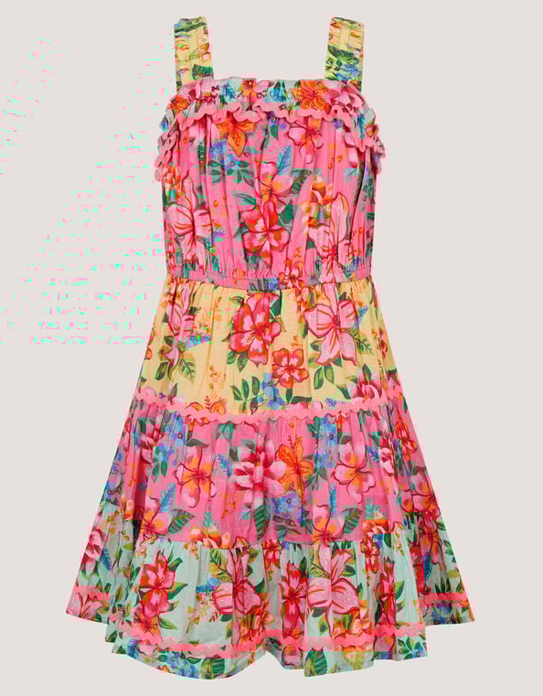 Tropical Flower Print Scallop Trim Dress , Pink (PINK), large