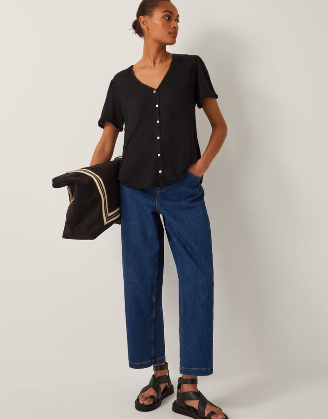 Imogen Button-Front Linen T-Shirt, Black (BLACK), large