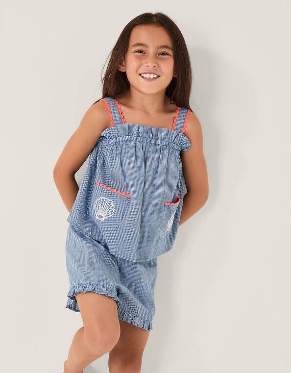Embroidered Gingham Top & Shorts Set, Blue (BLUE), large