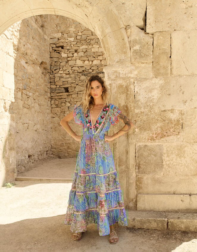 Piti Cuiti Paisley Print Tiered Maxi Dress, Blue (BLUE), large